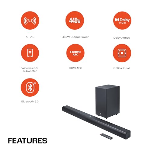 JBL Cinema SB590 Deep Bass | Dolby Atmos Soundbar with Wireless Subwoofer for Extra Deep Bass | 3.1 Channel | Center channel for superior voice clarity | HDMI eARCtooth &Optical Connectivity | 440W
