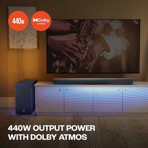 JBL Cinema SB590 Deep Bass | Dolby Atmos Soundbar with Wireless Subwoofer for Extra Deep Bass | 3.1 Channel | Center channel for superior voice clarity | HDMI eARCtooth &Optical Connectivity | 440W