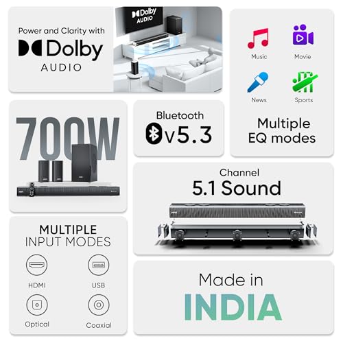 Mivi Fort Q700D Soundbar with Dolby Audio | 700W | 5.1 channel | 3 in build speakers | 2 satellite speakers and 1 woofer | Multiple EQ &Input Modes