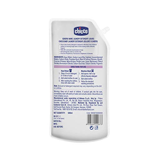 Chicco Baby Liquid Laundry Detergent, 5X Stain &Germ Fighter, Kills 99% of Germs, Dermatologically Tested, Effective &Gentle Cleaning, Delicate Flowers
