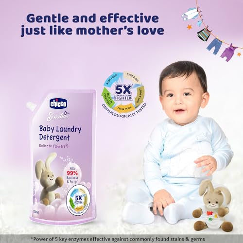 Chicco Baby Liquid Laundry Detergent, 5X Stain &Germ Fighter, Kills 99% of Germs, Dermatologically Tested, Effective &Gentle Cleaning, Delicate Flowers