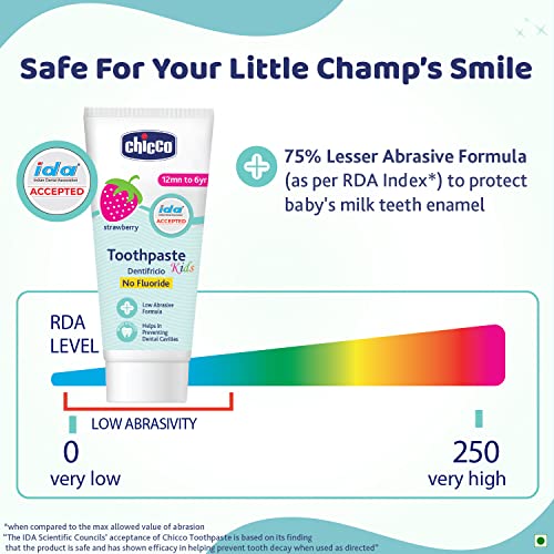 Chicco Toothpaste, Strawberry Flavour for 1Y to 6Y Baby, Fluoride-Free, Preservative-Free, Cavity Protection