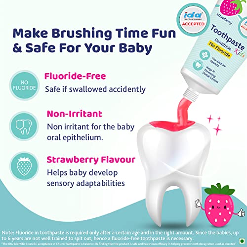 Chicco Toothpaste, Strawberry Flavour for 1Y to 6Y Baby, Fluoride-Free, Preservative-Free, Cavity Protection