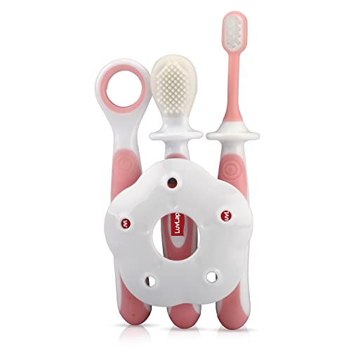 LuvLap Baby Training Toothbrush Set with Anti Choking Shield, Teeth Tongue Cleaner, Baby Oral Hygiene, 3 pcs, White &Pink
