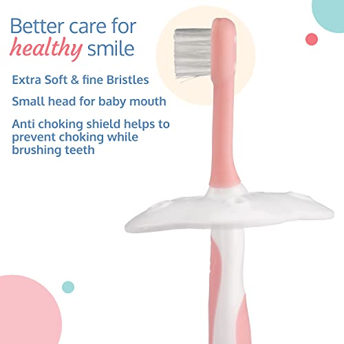 LuvLap Baby Training Toothbrush Set with Anti Choking Shield, Teeth Tongue Cleaner, Baby Oral Hygiene, 3 pcs, White &Pink