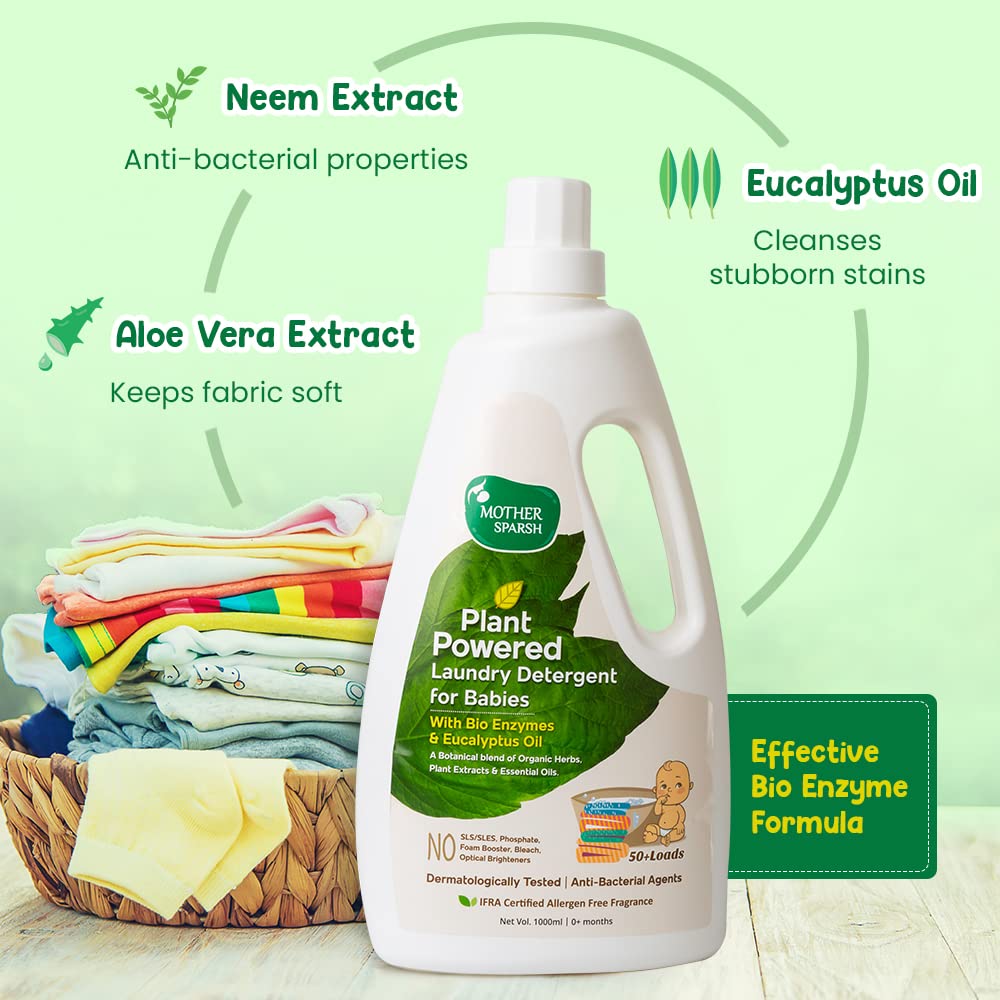 Mother Sparsh Plant Powered Baby Laundry Liquid Detergent With Bio Enzymes and Eucalyptus Oil Without Dyes &Optical Brighteners