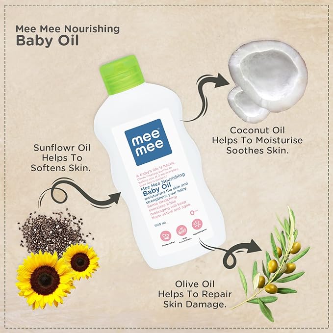 Mee Mee 3-in-1 Baby Oil for Soft and Smooth Skin with Sunflower, Coconut and Olive Oils