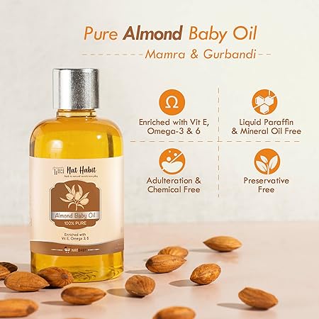 Nat Habit 100% Pure Almond Baby Oil For Baby Skin & Hair | Enriched With Vit E & Omega-3