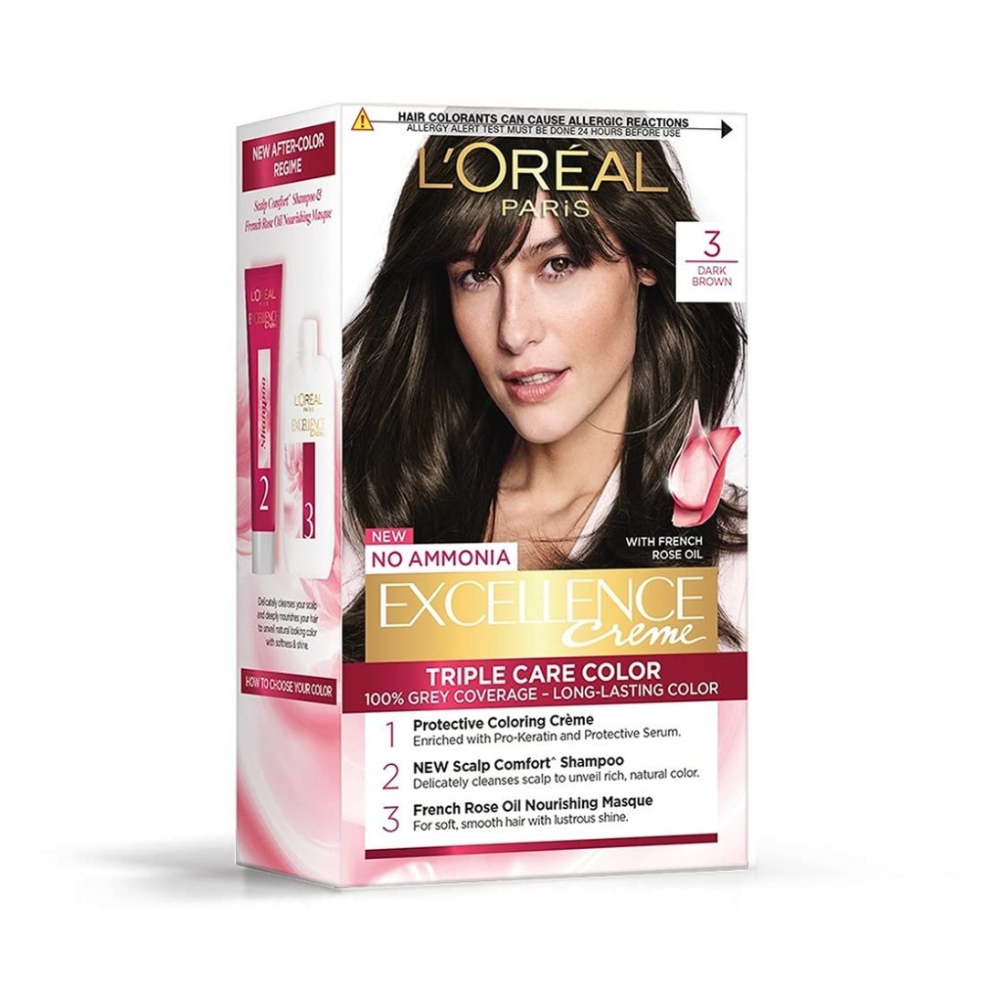 Loreal Paris Permanent Hair Colour - Pro-Keratin, Up to 8 Weeks of Colour, Excellence Creme, 3 Dark Brown