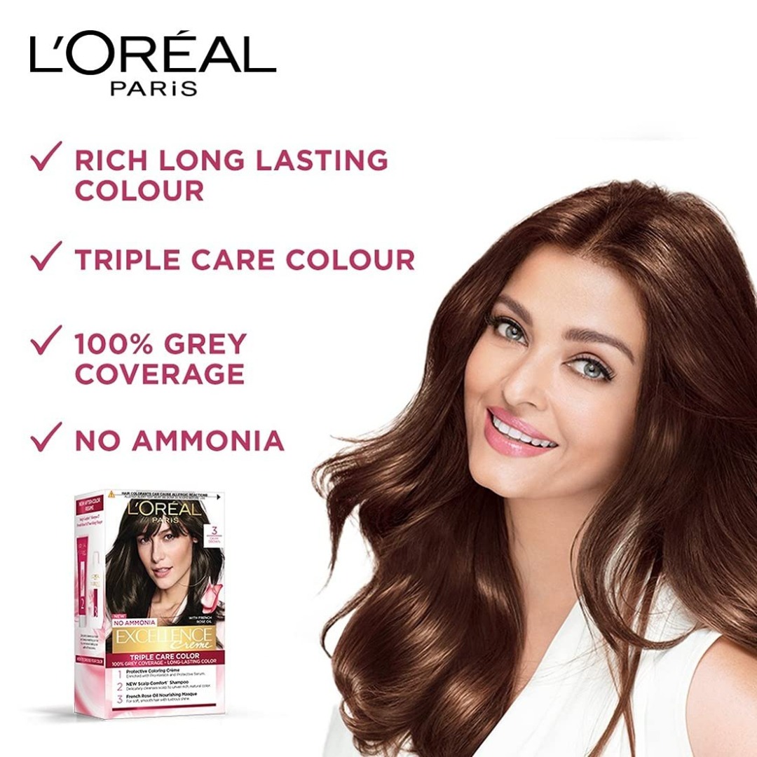 Loreal Paris Permanent Hair Colour - Pro-Keratin, Up to 8 Weeks of Colour, Excellence Creme, 3 Dark Brown