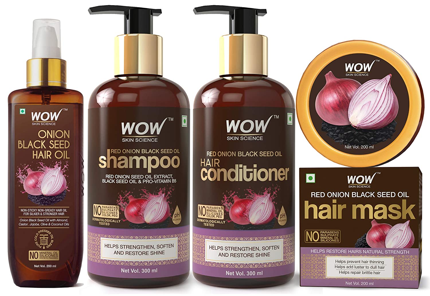 Wow Onion Black Seed Oil Hair Care Ultimate 4 Kit (Shampoo + Hair Conditioner + Hair Oil + Hair Mask), 1000ml