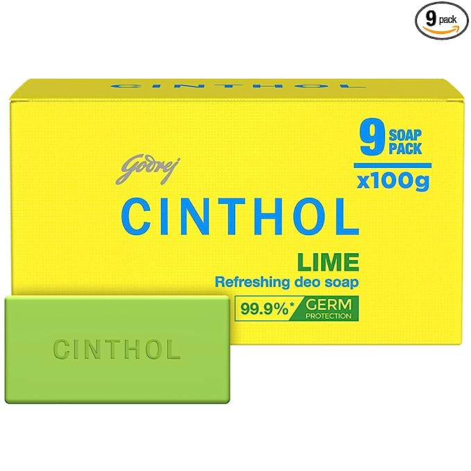 Cinthol Lime Bath Soap 999% Germ Protection, 100gm (Pack of 9)
