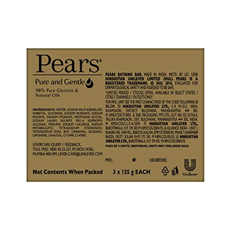 Pears Moisturising Bathing Bar Soap With Glycerine Pure and Gentle For Golden Glow, 3x125gm