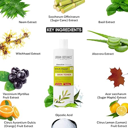 UrbanBotanics Alcohol Free Toner for Face with Witch Hazel | Neem | Basil &Glycolic Acid - Face Toner For Oily