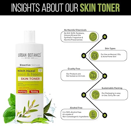 UrbanBotanics Alcohol Free Toner for Face with Witch Hazel | Neem | Basil &Glycolic Acid - Face Toner For Oily