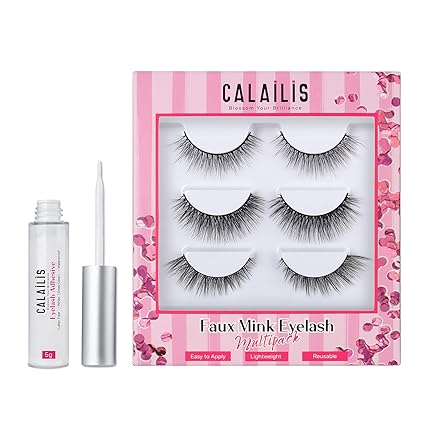 CALAILIS False Eyelash | Eye Makeup Lash 3D Faux Mink Fake Eyelash Long Natural Eyelashes 3 Pairs with 5g False Eyelash Glue (CS02)