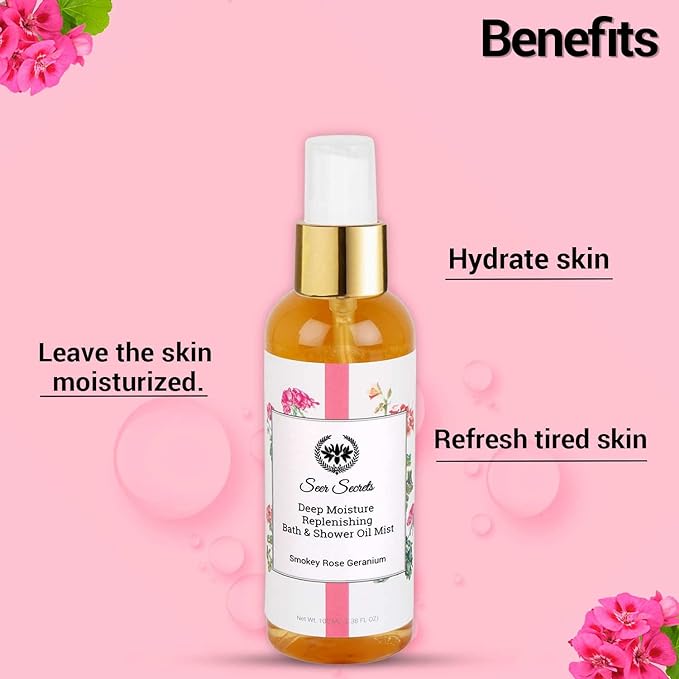Seer Secrets Smoky Rose Geranium Deep Moisture Replenishing Spf 9 Bath and Shower Oil