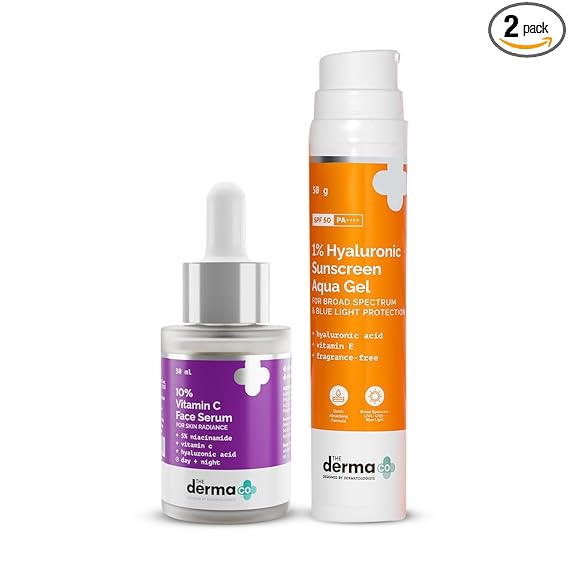 The Derma Co 10% Vitamin C Face Serum, 30ml + 1% Hyaluronic Sunscreen Aqua Gel Glow & Protect Combo