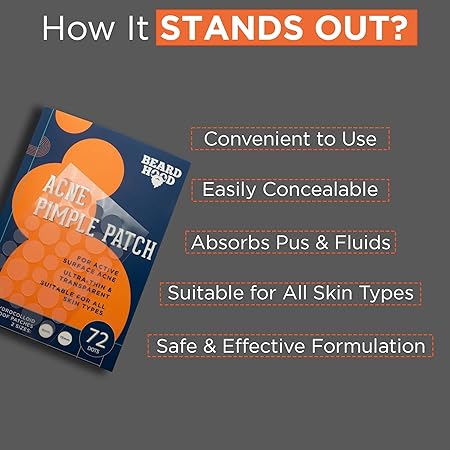 Beardhood Acne Pimple Patch, 72 Hydrocolloid Waterproof Patches