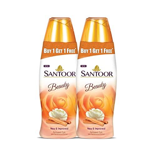 Santoor Beauty Perfumed Talc with Sandalwood Extracts Sandal | Rose | Musk & Geranium Mint Fragrance Absorbs Excess Moisture | Pack of 2