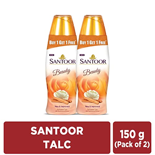 Santoor Beauty Perfumed Talc with Sandalwood Extracts Sandal | Rose | Musk & Geranium Mint Fragrance Absorbs Excess Moisture | Pack of 2