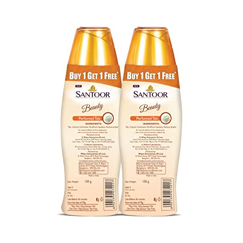Santoor Beauty Perfumed Talc with Sandalwood Extracts Sandal | Rose | Musk & Geranium Mint Fragrance Absorbs Excess Moisture | Pack of 2