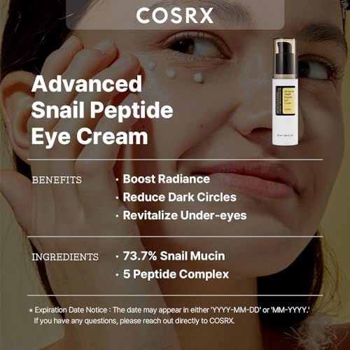 COSRX Snail Peptide Eye Cream with 73.7% Snail Mucin and Niacinamide, Brightening Korean Night Cream for Fine Lines and Dark Circles