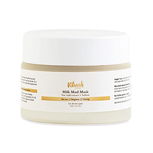Vilvah Store Milk Mud Mask for De Tan | Non Comedogenic Brightening Mask with Oat Milk and Saffron