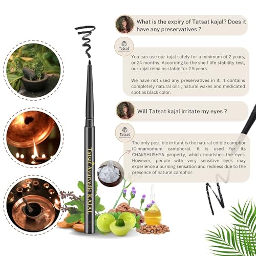 TATSAT-100% Natural Ayurvedic Herbal Lead Free Kajal Pencil with CHAKSHUSHYA herbs | Black