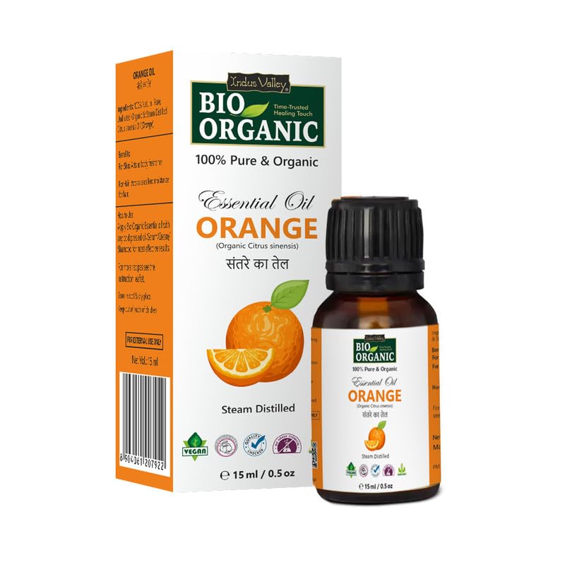 Indus Valley 100% Pure Natural & Organic, Undiluted Orange Essential Oil with Therapeutic Grade & Glass Dropper for Skin, Hair Care