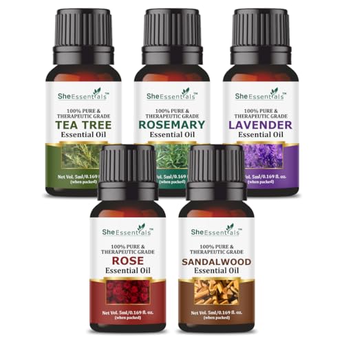 She Essentials Tea Tree | Rosemary | Lavender | Rose & Sandalwood Essential Oils For Skin | Face | Hair & Aromatherapy | Pack of 5