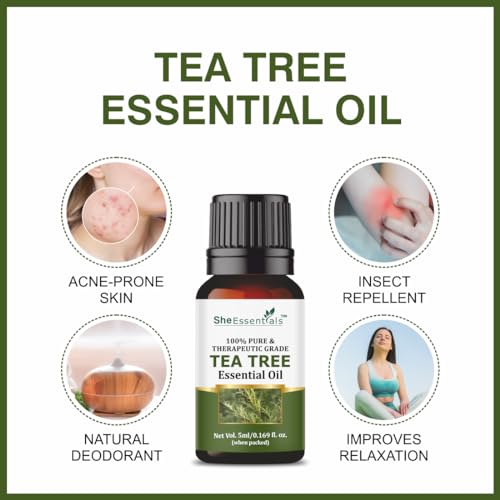 She Essentials Tea Tree | Rosemary | Lavender | Rose & Sandalwood Essential Oils For Skin | Face | Hair & Aromatherapy | Pack of 5