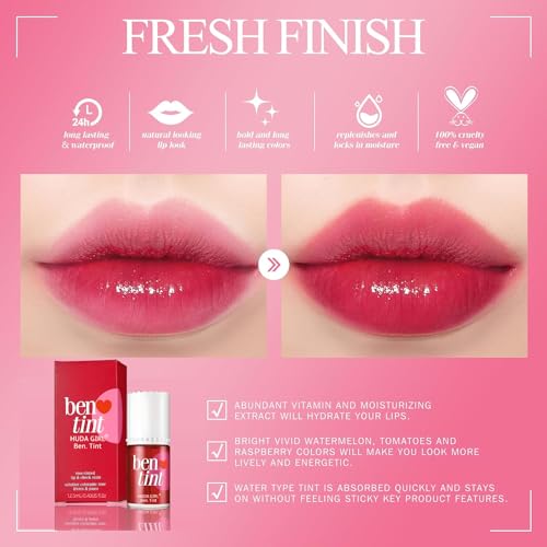 HUDA GIRL Korean Style Liquid Lip and Cheek Tint with Watermelon, Strawberry, Tomato Extracts Rose Fragrance for Women, Dark Pink