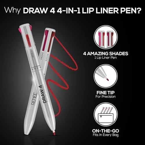 RENEE Lip Liner, Four Shades Pinks, Brown, Nude & Red in One Pen