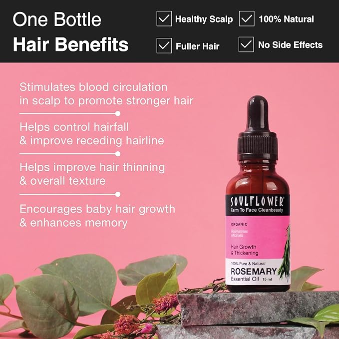 Soulflower Rosemary Essential Oil & Rosemary Lavender Hair Oil Clinically Proven For Hair Growth