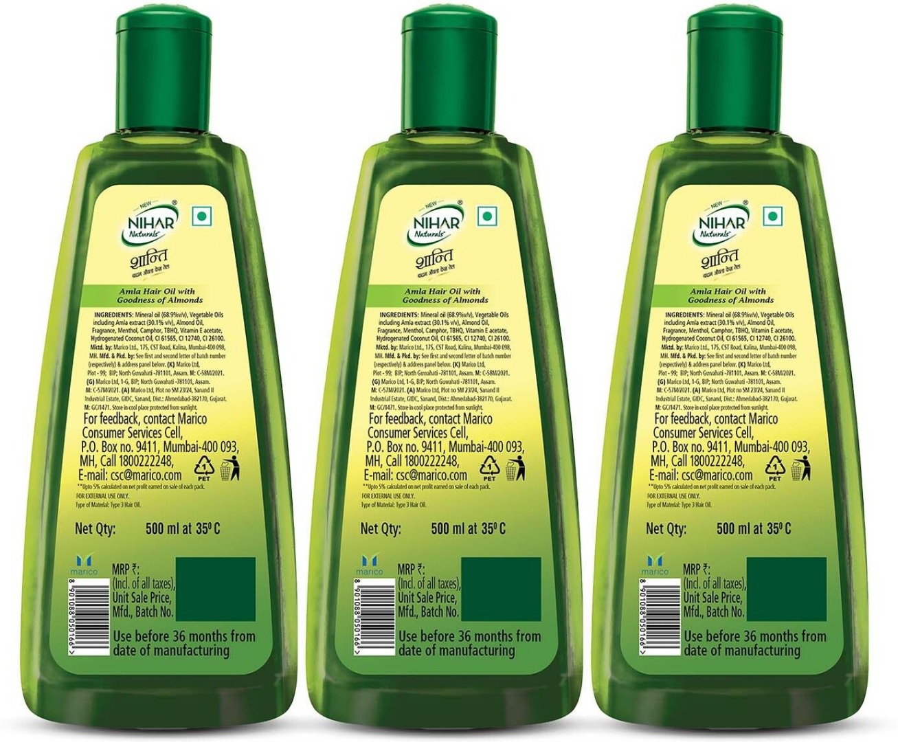 Nihar Shanti Amla And Badam Hair Oil 500 Ml X 3 Hair Oil