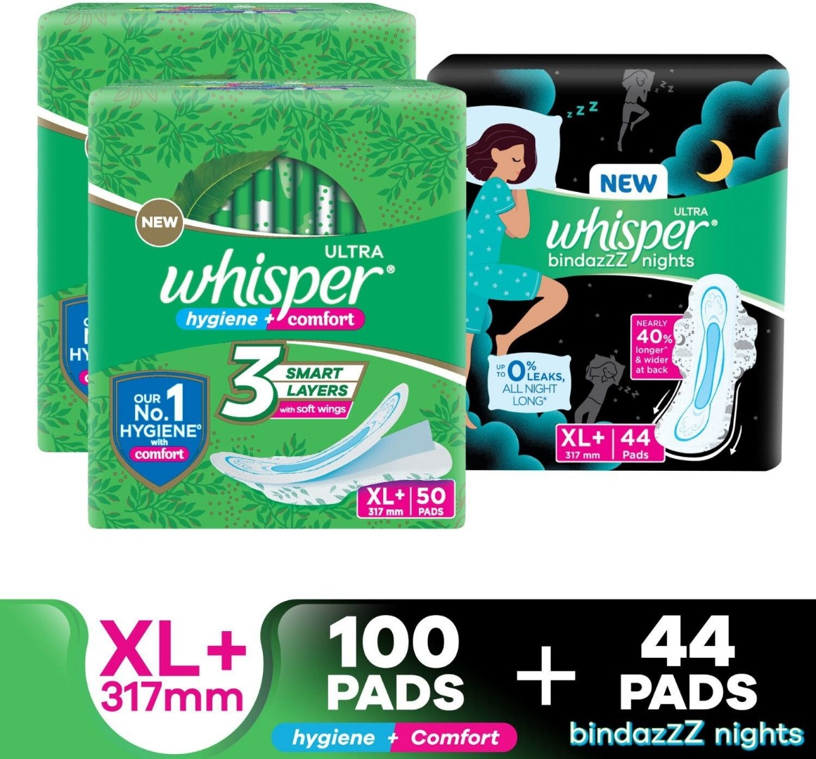 Whisper Combo Of Ultra Clean And Bindazz Nights Xl + For Women Sanitary Pad