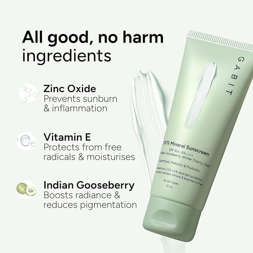 Gabit Skincare 100% Mineral Sunscreen SPF 50 PA++++, Normal, Oily, Dry Skin Types | Oil free |50ml