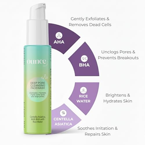 Ounce Organics Deep Pore Cleansing Face Wash with AHA BHA and Rice Water | Exfoliating Cleanser for Oily Acne Prone Skin