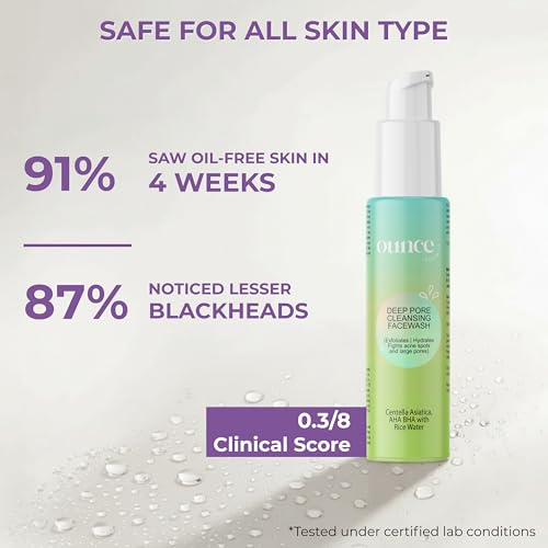 Ounce Organics Deep Pore Cleansing Face Wash with AHA BHA and Rice Water | Exfoliating Cleanser for Oily Acne Prone Skin