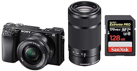 Sony Alpha ILCE-6100Y 242 MP Mirrorless Digital SLR Camera with 16-50 mm & 55-210 mm Zoom Lenses SanDisk 128GB Extreme Pro SDXC UHS-I Card