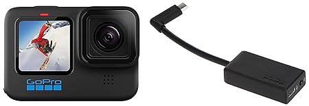 GoPro HERO10 Black Waterproof Action Camera with USB Type C to 35mm Mic Auxiliary Adapter