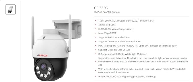 CP PLUS 3MP 4G Pan Tilt Sim Card Supported Smart Outdoor Camera