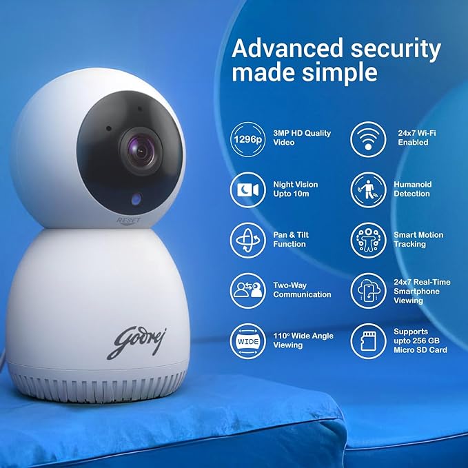 Godrej Security Solutions EVE PRO panTilt Smart WiFi Security 3MP Camera for Home with 350 Degree
