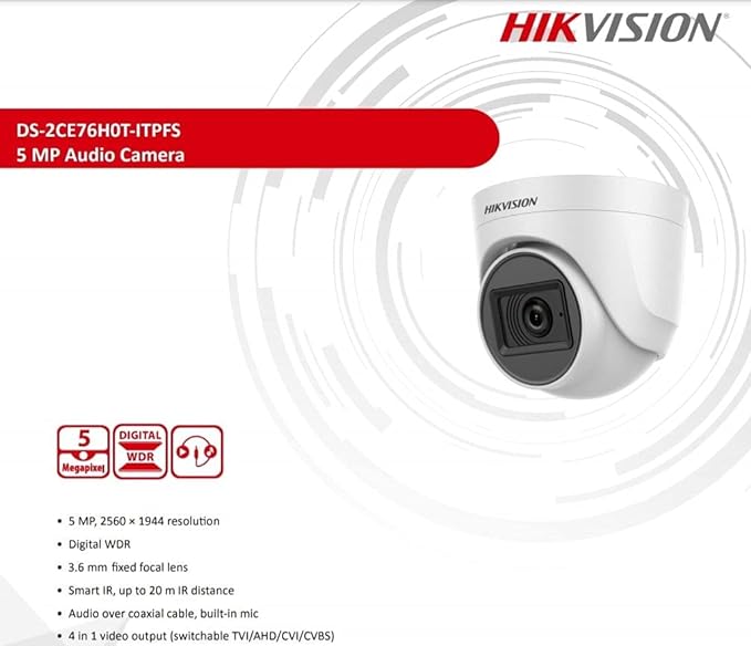 HIKVISION 5 MP Indoor Dome CCTV Camera with inbuilt Audio Mic DS-2CE76H0T-ITPFS Wired
