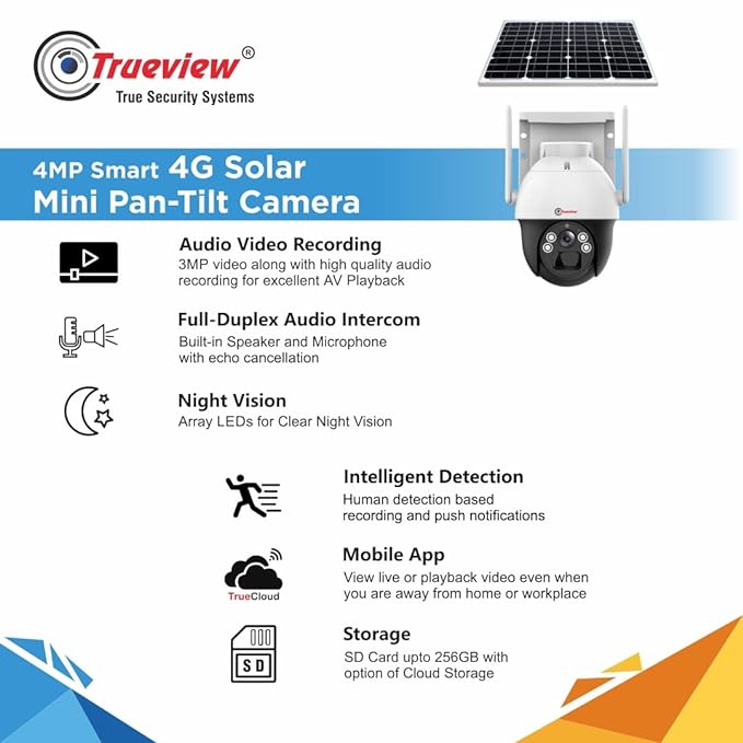Trueview 4G Sim 4Mp Solar Powered CCTV Security Camera