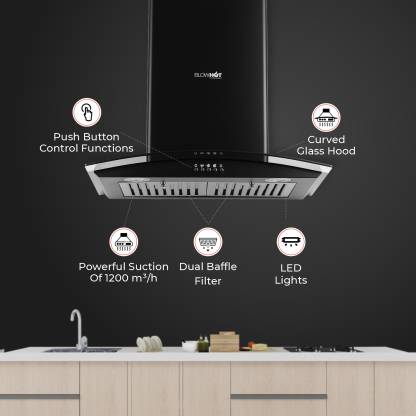 BLOWHOT ACURA S BPC Chimney with Free Installation Kit Curved Glass Design (60 cm Wide, 1200 m3/hr)