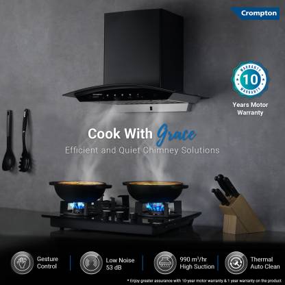 Crompton IntelliMotion Curved Glass Kitchen Chimney with Auto-Clean (60 cm Wide, 990 m3/hr)