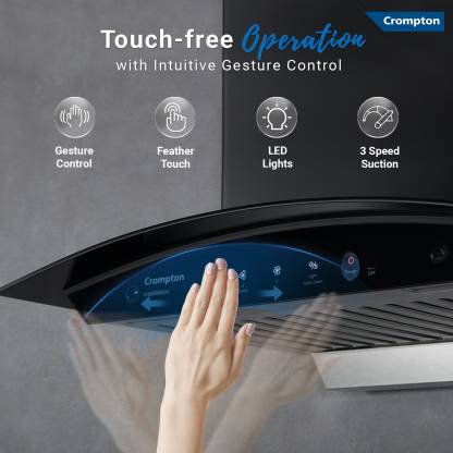 Crompton IntelliMotion Curved Glass Kitchen Chimney with Auto-Clean (60 cm Wide, 990 m3/hr)