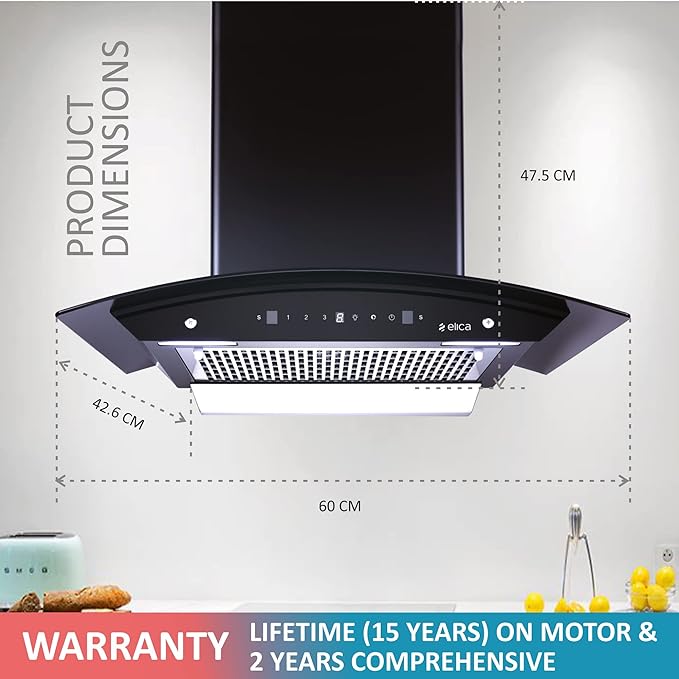 Elica WDFL 606 HAC LTW MS NERO Filterless Autoclean Kitchen Chimney (60 cm Wide, 1200 m3/hr)